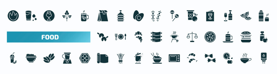 set of 40 filled food icons. flat icons such as calories, pack, healthy shakes, fortune cookie, scale balanced tool, fresh smoothie, wrapping, shrimps, time to have a break, boiler glyph icons.