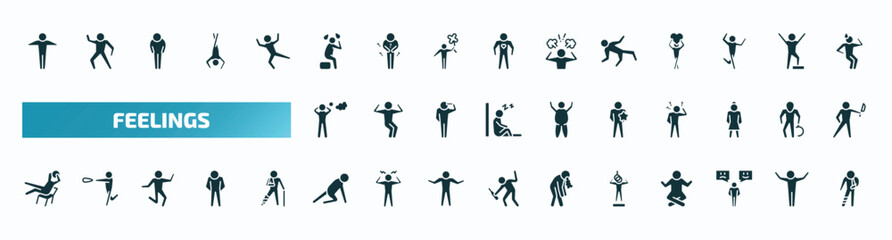 set of 40 filled feelings icons. flat icons such as full human, depressed human, ecstatic human, stressed better lazy ready helpless emotional hurt glyph icons.