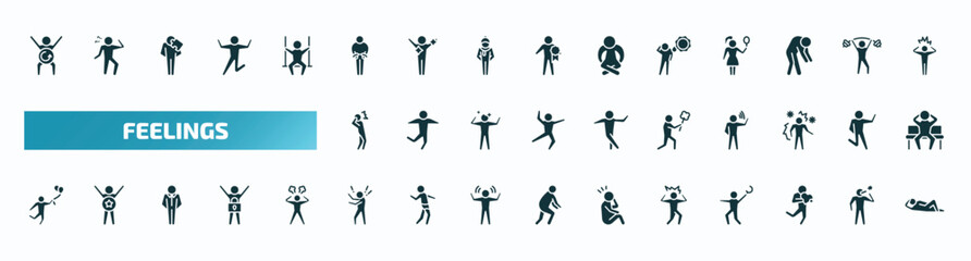 Fototapeta na wymiar set of 40 filled feelings icons. flat icons such as refreshed human, guilty human, hot human, scared sorry hopeful rough frustrated loved comfortable glyph icons.