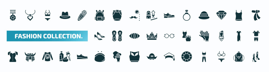 set of 40 filled fashion collection. icons. flat icons such as star medal, book bag, fiance, heel, outfit, blouse with buttons, purses, precious stone, swimwear, woman boots glyph icons.