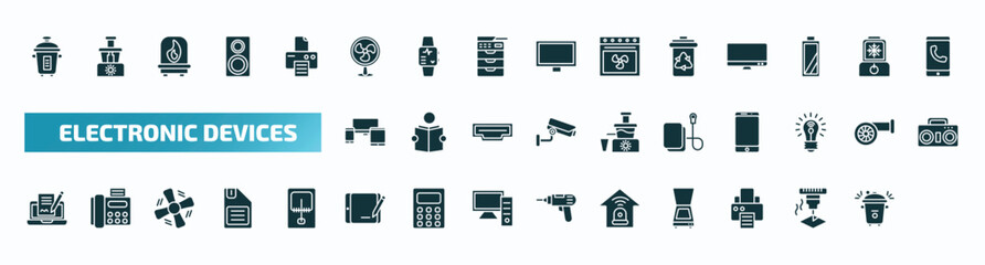 set of 40 filled electronic devices icons. flat icons such as rice cooker, electric fan, trash compactor, cell phone, cold-pressed juicer, boombox, mourap, burglar alarm, printer, pressure cooker