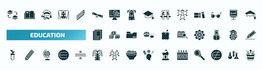 set of 40 filled education icons. flat icons such as arrange, diploma roll, chemical formula, folded written paper, book and magnifier, plant sample, fountain, school calendar, is not an element of,