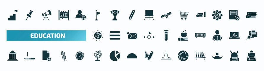 set of 40 filled education icons. flat icons such as steps to complete, flag point, shopping cart, virus, book and, bank, school globe, world map, open arms, bag of books glyph icons.