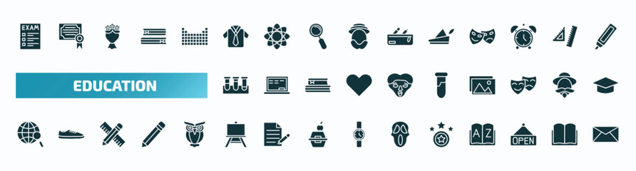 set of 40 filled education icons. flat icons such as exam, uniform, robin hood, test tubes, tube, browsing, easel, proud, opened, letter glyph icons.