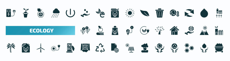 set of 40 filled ecology icons. flat icons such as electric station, raindrop on a hand, dust bin, two flowers, tree with many leaves, coconut tree, dam, save the earth, eco cell, coal glyph icons.