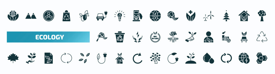 set of 40 filled ecology icons. flat icons such as sustainability, eco energy car, natural product, ecologism, plant on a hand, m leaf, eco plug, growing plant, recycle arrows, eco power cells glyph