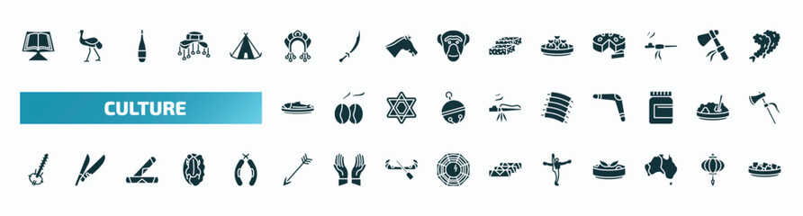 set of 40 filled culture icons. flat icons such as quran book, kokoshnik, dumplings, imperial carp, pork ribs, kora, native, capoeira brazil dancers, australian continent, beef and garlic glyph