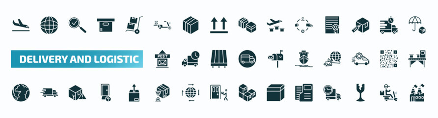 set of 40 filled delivery and logistic icons. flat icons such as arrival, scooter delivery, supply chain, post office, ship by sea, planet earth, wait time, dossier, fragile, factory glyph icons.
