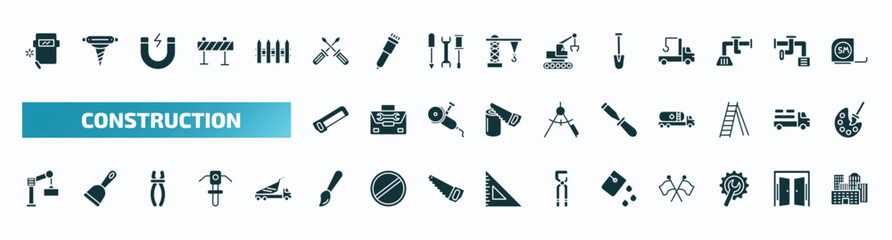 set of 40 filled construction icons. flat icons such as welding, screwdrivers, short shovel, hacksaw, chisel, derrick with boxes, brush, paint bucket, wrench and gear, glyph icons.