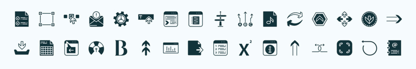 flat filled user interface icons set. glyph icons such as confirmity, tings, , synchronisation, bottom arrows, document with tables, bold text, export archive, information button, rounded corners