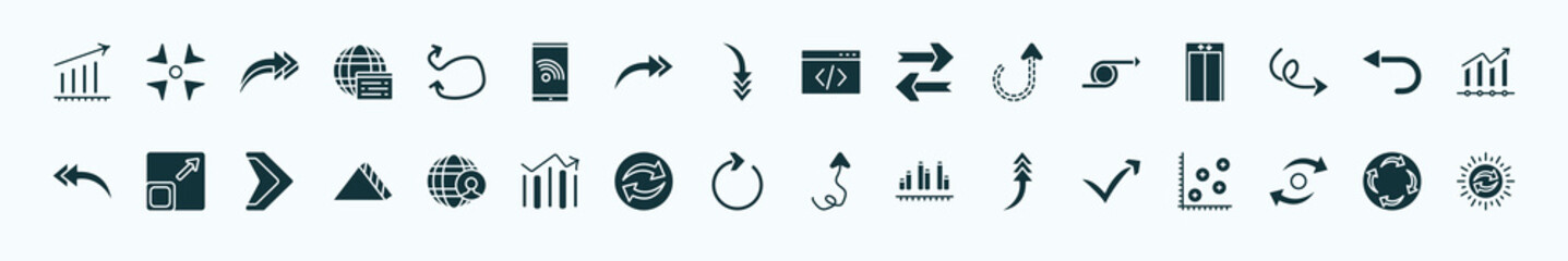 flat filled user interface icons set. glyph icons such as increase success, swirly scribbled arrow, data coding, right loop arrow, left curve, size, user interface, clockwise drawn arrow, turn up
