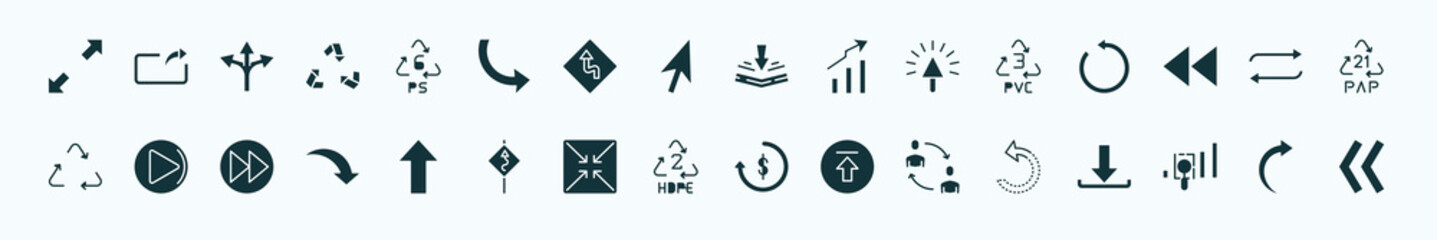 flat filled user interface icons set. glyph icons such as scale arrows, 6 ps, bending, 3 pvc, refresh button, right arrow play button, pointing up arrow, hdpe 2, exchange personel, gap, right curve - obrazy, fototapety, plakaty