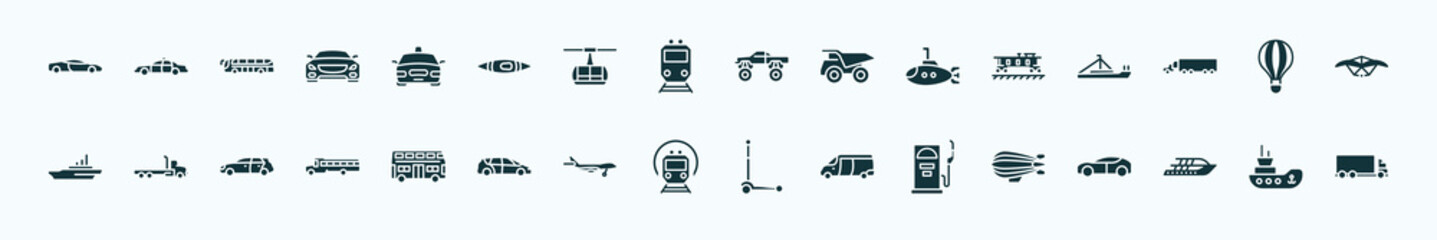 flat filled transportation icons set. glyph icons such as sport car, taxi, monster truck, caboose, hot air balloon, flatbed lorry, double decker bus, , fuel dispenser, yacht, tugboat icons. - obrazy, fototapety, plakaty