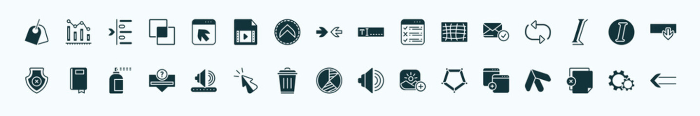 flat filled user interface icons set. glyph icons such as labels, direct selection, text box, postal, italic, ribbon from a book, amplified speaker, pie chart organization, pentagonal chart, add new