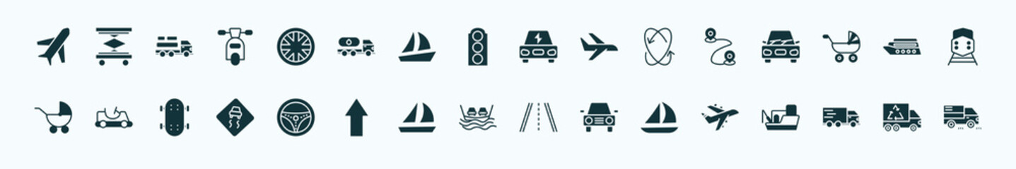 flat filled transport icons set. glyph icons such as airplane pointing up, alloy wheel, electro car, way, luxury yacht, go kart, steering, ferry, sailing, free transport, recycling truck icons.