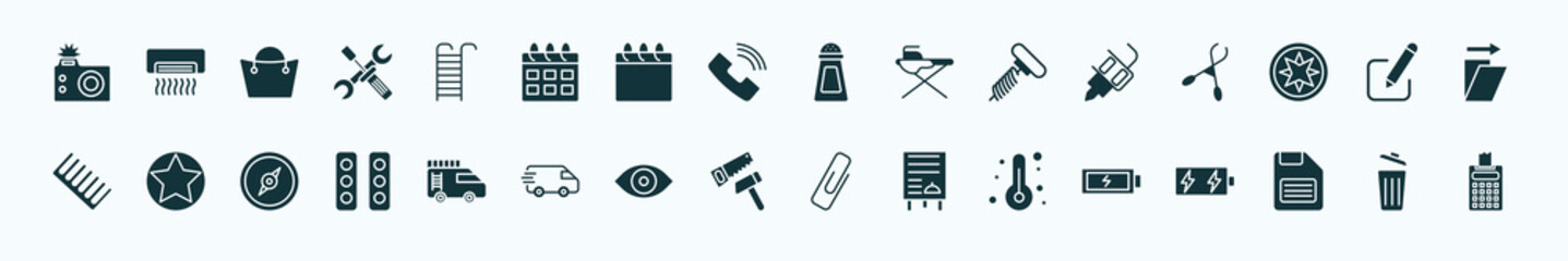 flat filled tools and utensils icons set. glyph icons such as camera with flash, hanging ladder, pepper container, tattoo, edit picture, highlight, firetruck, carpentry, thermometers, face down