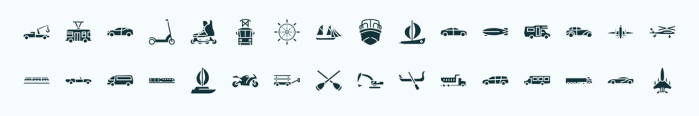 flat filled transportation icons set. glyph icons such as tow truck, inline skates, boat front view, dirigible, airliner, cabriolet, sailboat, rowing, litter car, tanker, sports car icons.