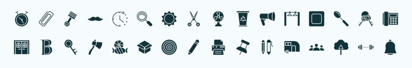 flat filled tools and utensils icons set. glyph icons such as timer round clock, time left, table fan, clothes rack, key ring with two keys, bold, candies, pencil tool, writing tool, up arrow and