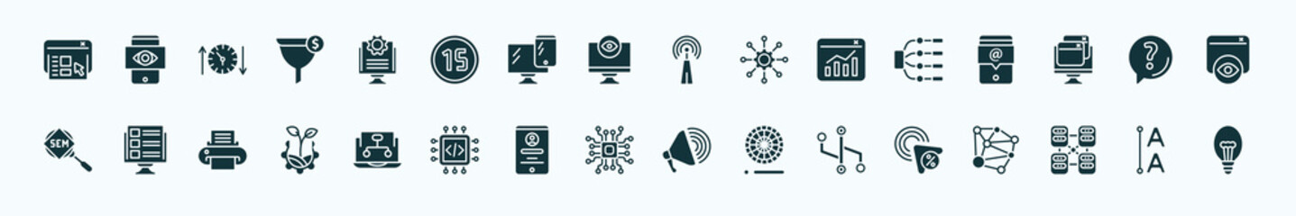 flat filled technology icons set. glyph icons such as user interface, ide, reach, type hierarchy, asking, front end, sitemaps, elements, version control, data modelling, leading icons.
