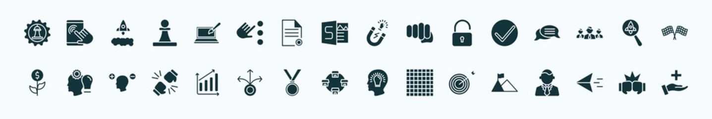 flat filled startup stategy and icons set. glyph icons such as strategy management, web de, idea magnet, success, startup project search, humanpictos, profits, franchise, mission, paper plane, fight