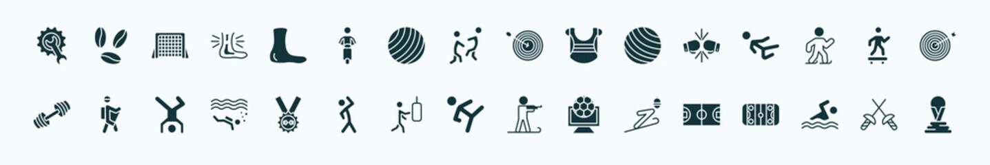 flat filled sports icons set. glyph icons such as equipment, ankle, dartboard with dart, two boxing gloves, skating, trekking, weight lifting medal, taekwondo, jumping ski, swimming figure, medieval