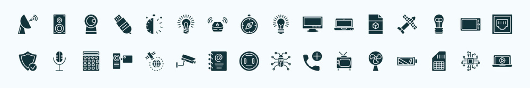 flat filled technology icons set. glyph icons such as satellite station, half hour, light on, cad, horizontal tablet, basic microphone, satellite in orbit, round socket, old television, big,