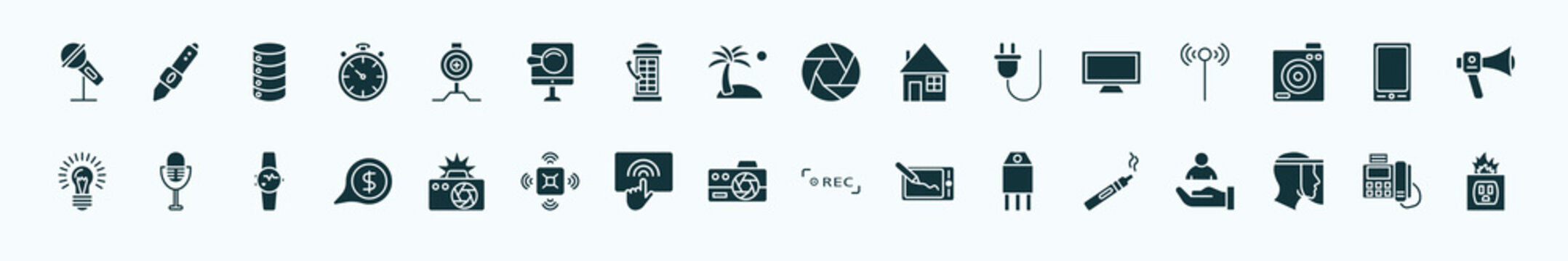 Flat Filled Technology Icons Set. Glyph Icons Such As Big Microphone, Pitching Hine, Camera Shutter, Lcd Screen, Tablet With Picture, Radio Microphone, Camera Flash, Photograph Camera, Transistor,