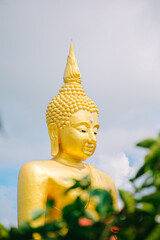 Obraz premium Magha Asanha Visakha Puja Day , Buddha statue , bodhi leaf with double exposure and len flared , soft image and soft focus style