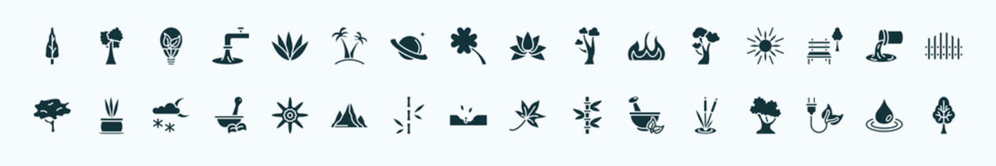flat filled nature icons set. glyph icons such as arborvitae tree, agave, beautiful lotus flower, american beech tree, waste water, flower pot, petals, sow, flower therapy, eco energy source,