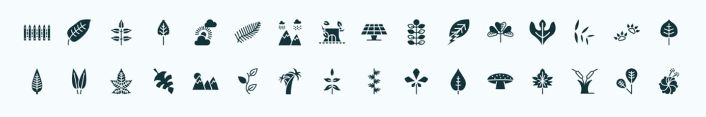 flat filled nature icons set. glyph icons such as fences, sunny protic, solar, trifoliate ternate, four toe footprint, lemon leaf, mountain pse, sprig with five leaves, nut leaf, reed bed, obovate