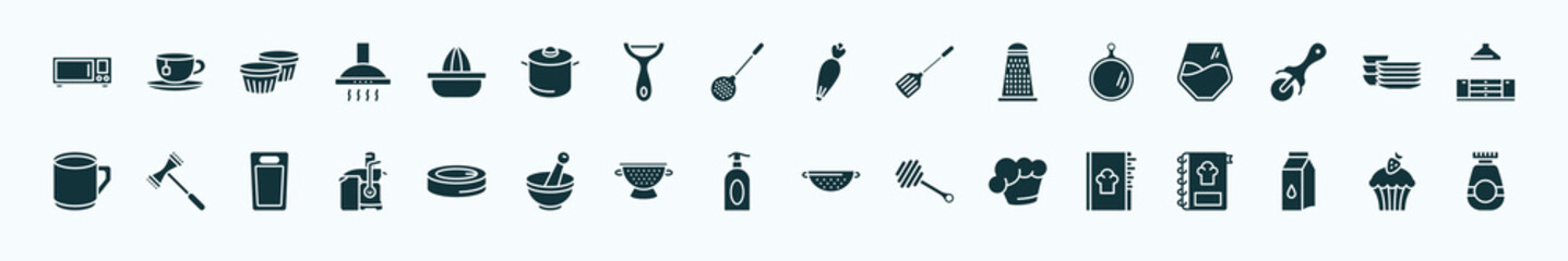 flat filled kitchen icons set. glyph icons such as microwave oven, squeezer, pastry bag, chopping board, dishes, meat tenderizer, conserve, liquid soap, chef hat, milk, cupcake icons.