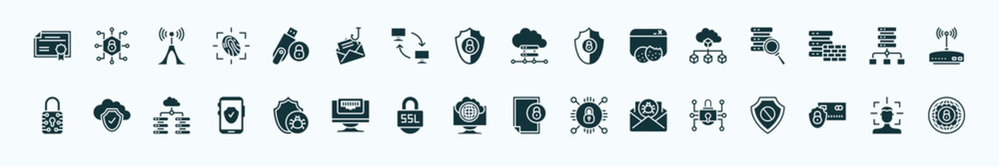 flat filled internet security icons set. glyph icons such as network certificate, pendrive security, cloud server, network cubes, proxy server, cloud, malware, internet connection, spam, secure