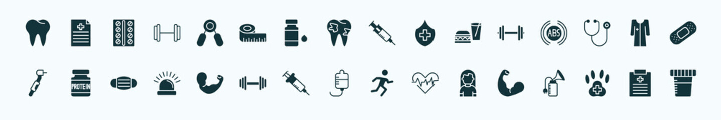 flat filled health and medical icons set. glyph icons such as teeth, handgrip, injection, dumbbell, patient robe, proteins, arm, medical drip, girl, veterinary, medical report icons.