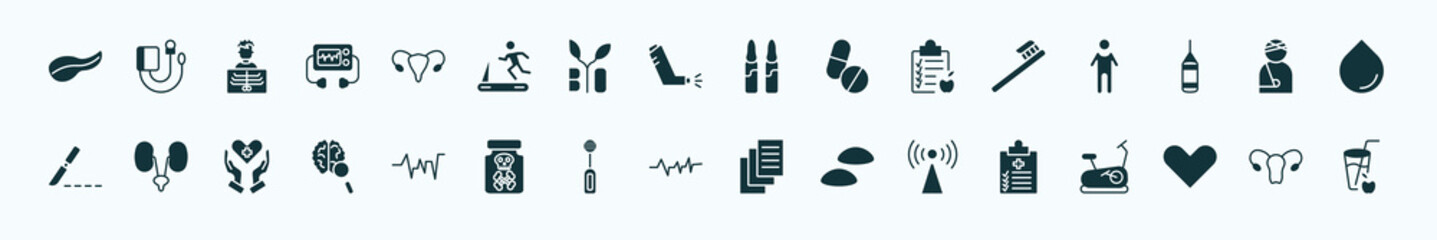 flat filled health and medical icons set. glyph icons such as pancreas, uterus, ampoule, tooth brush, injury, urology, beat, pulse, non ionizing radiation, heart, gynecology icons.