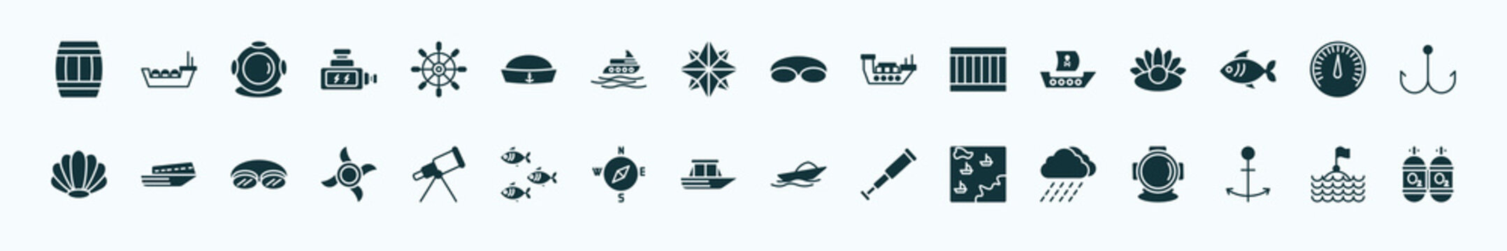 flat filled nautical icons set. glyph icons such as big barrel, boat steering wheel, swimming glasses, pirate ship, barometer, speed boat facing right, boat telescope, yacht facing right, nautical