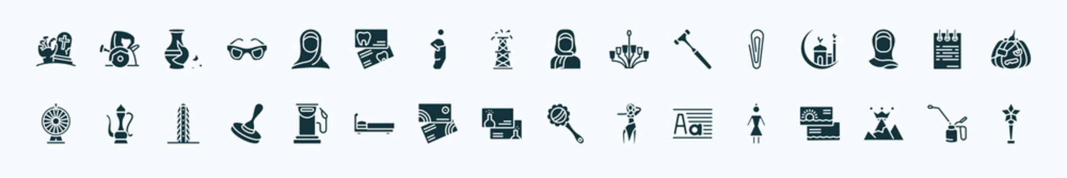 flat filled other icons set. glyph icons such as tombstone zombie hand, araba woman, arab woman with hijab, metal paper clip, notepad sheet, arabic jar, fuel service, chemistry business card,