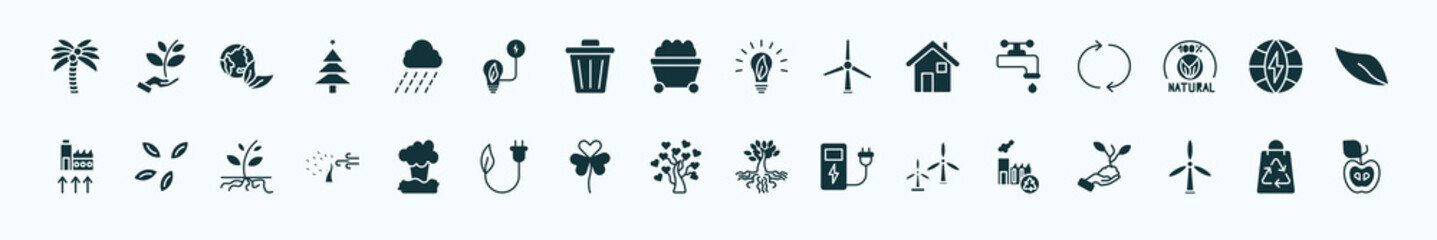 flat filled ecology icons set. glyph icons such as coconut tree, raining, eco bulb, water tap, eco energy power, seeds, geyser, tree with hearts, eco turbine, wind mills, recycled bag icons.