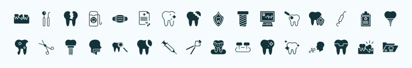flat filled dentist icons set. glyph icons such as malocclusion, dentist mask, dental protection, scraping, health report, dentist scissors, check up, tooth extraction, molar crown, wisdom tooth