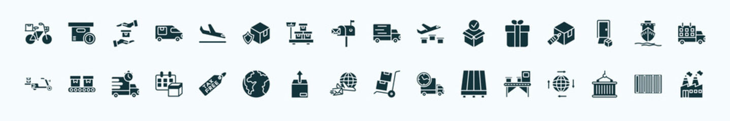 flat filled delivery and logistic icons set. glyph icons such as delivery by bike, arrival, transportation, gift, ship by sea, conveyor, tax free, air mail, pallet, container hanging, barcode icons.