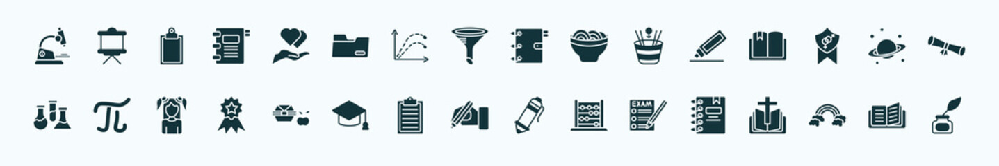 flat filled literature icons set. glyph icons such as biology microscope, hand care, school agenda, corrector, planet saturn, pi, lunchbox, write by hand, exams, basic rainbow, reading an open book