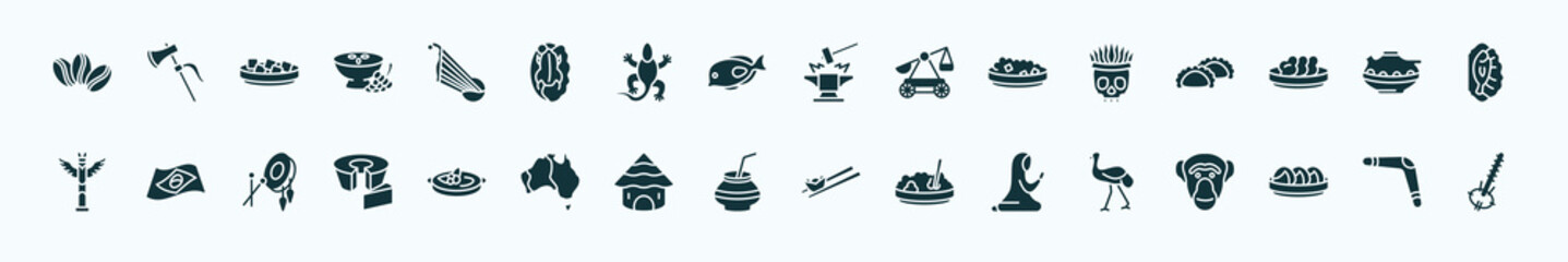 flat filled culture icons set. glyph icons such as coffee grains, kankles, blacksmith, native american skull, native american pot, brazil flag, crema catalana, kalabas, muslim praying, steamed
