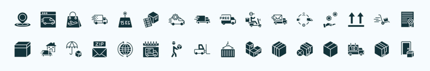 flat filled delivery and logistic icons set. glyph icons such as tracking, weight limit, free delivery, supply chain, moving, home delivery, worldwide, forklift, box, scheduled, parcel icons.