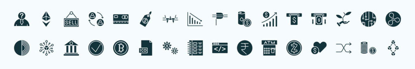 flat filled cryptocurrency icons set. glyph icons such as anonymity, card, peso, cash hine, circuit, decentralized, bitcoins, ledger, atm, random, coin icons.