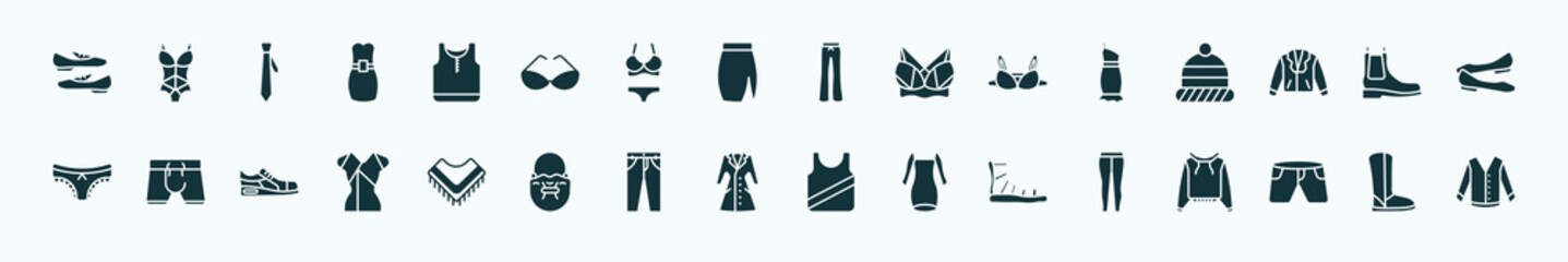 flat filled clothes icons set. glyph icons such as loafer, tank top, flare pants, one shoulder dress, leather chelsea boots, boxers, shawl, trench coat, gladiator sandal, denim shorts, wool boots