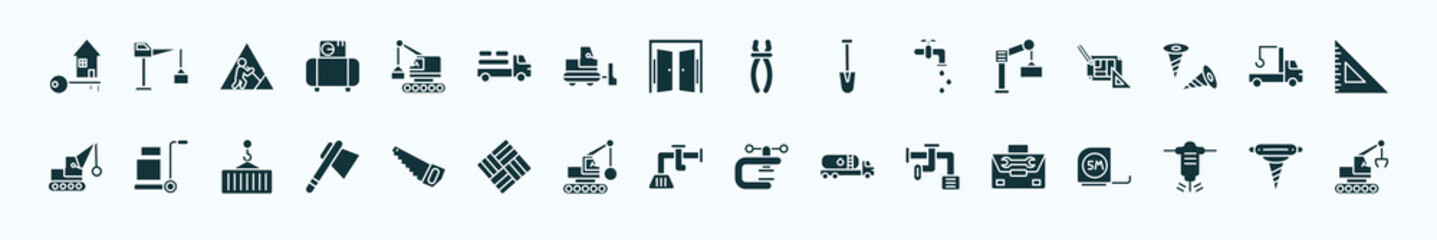 flat filled construction icons set. glyph icons such as home key, derrick with box, inclined clippers, derrick with boxes, crane truck, trolley with cargo, big saw, adjusment system, adjustment