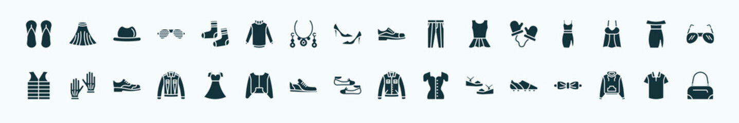 flat filled clothes icons set. glyph icons such as sleepers, men socks, leather shoes, wool gloves, off the shoulder dress, leather gloves, chiffon dress, flat shoes, platform sandals, hooded
