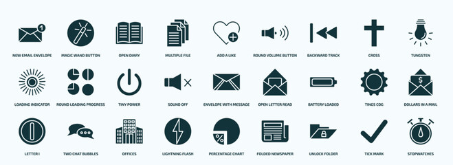 flat filled user interface icons set. glyph icons such as new email envelope, multiple file, backward track, loading indicator, sound off, battery loaded, letter i, lightning flash, unlock folder,
