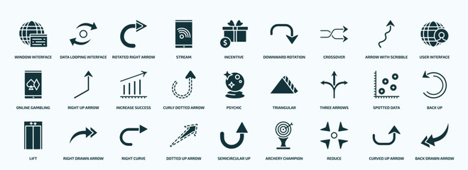 Fototapeta na wymiar flat filled user interface icons set. glyph icons such as window interface, stream, crossover, online gambling, curly dotted arrow, three arrows, lift, dotted up arrow, reduce, curved up arrow