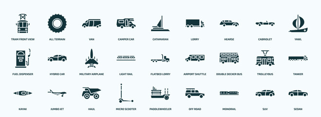 flat filled transportation icons set. glyph icons such as tram front view, camper car, hearse, fuel dispenser, light rail, double decker bus, kayak, micro scooter, monorail, suv icons. - obrazy, fototapety, plakaty
