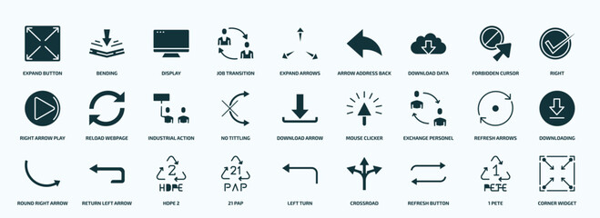 flat filled user interface icons set. glyph icons such as expand button, job transition, download data, right arrow play button, no tittling, exchange personel, round right arrow, 21 pap, refresh - obrazy, fototapety, plakaty